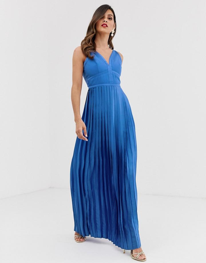 Little Mistress Paneled Bodice Pleated Skirt Satin Maxi Dress - Blue