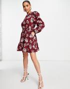 Na-kd Long Sleeve Floral Dress In Burgundy-red