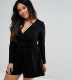 Asos Design Curve Wrap Front Romper With Long Sleeves - Black