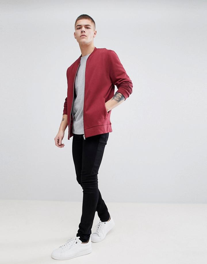 Asos Design Jersey Bomber Jacket In Burgundy - Red