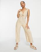 Asos Design V Neck Tie Shoulder Towelling Jumpsuit In Beige-neutral