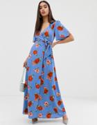 Fashion Union Maxi Wrap Dress In Floral-blue