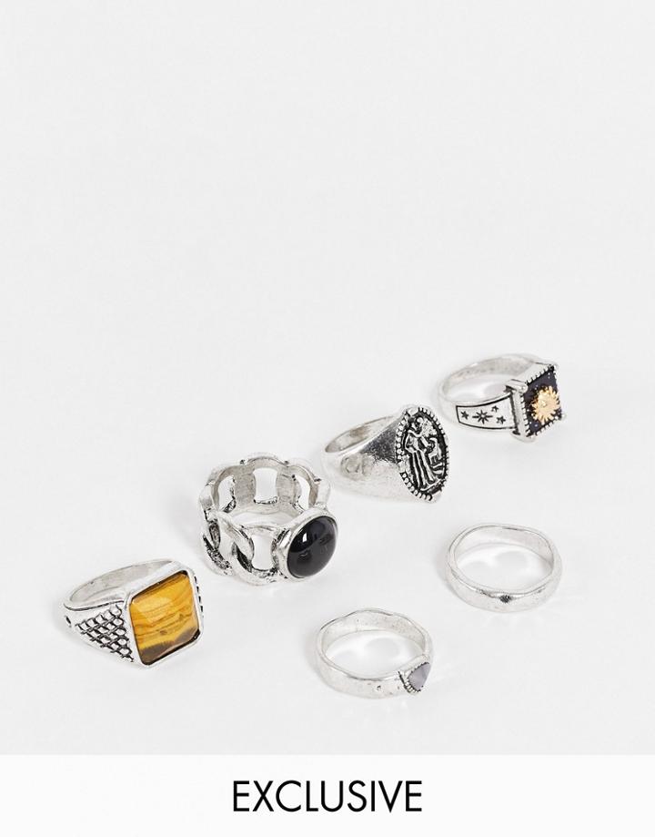 Reclaimed Vintage Inspired Unisex Grungey Rings With Stones And Signets In Silver 6 Pack