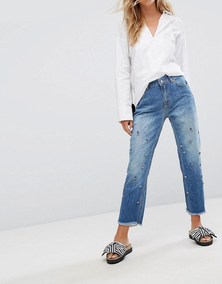 Pull & Bear Embellished Straight Leg Jean - Blue