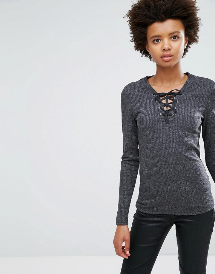 Ichi Lace Up Long Sleeve Top - Gray