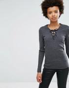 Ichi Lace Up Long Sleeve Top - Gray