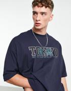Asos Design Oversized T-shirt In Navy With Tokyo City Layered Text Print