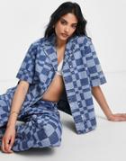 Whistles Oversized Short Sleeve Denim Dad Shirt In Abstract Checkerboard - Part Of A Set-blue