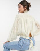 Asos Design High Neck Top With Shirred Neck In Cream-white