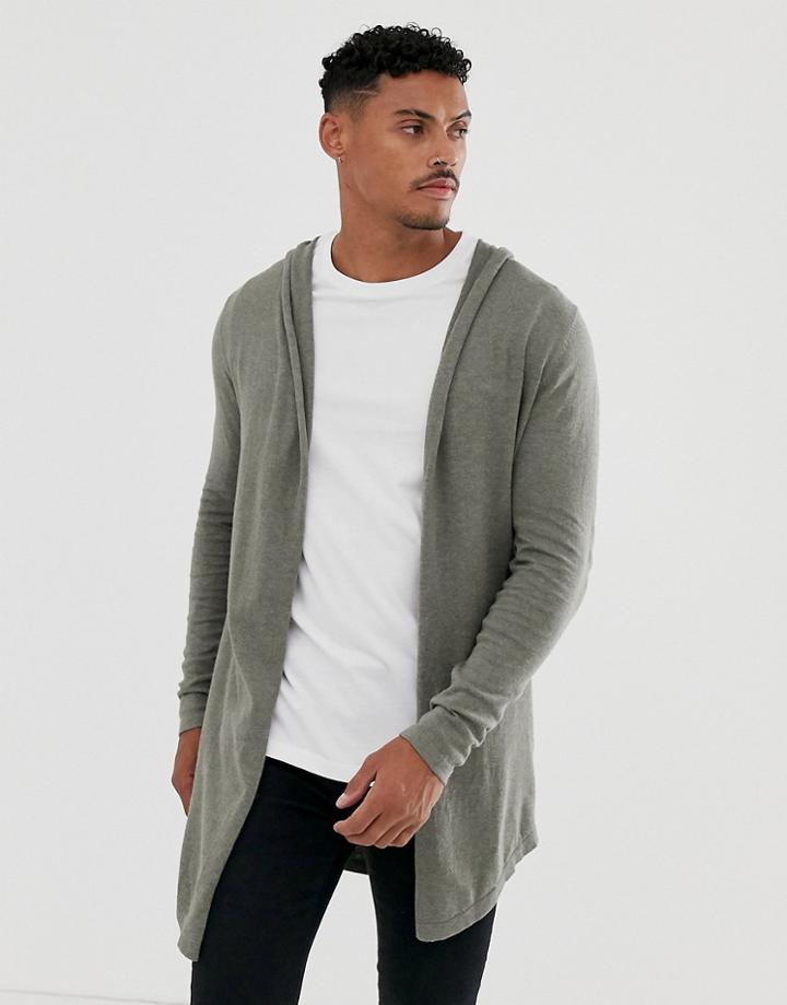 Asos Design Hooded Open Cardigan With Curved Hem In Khaki-brown