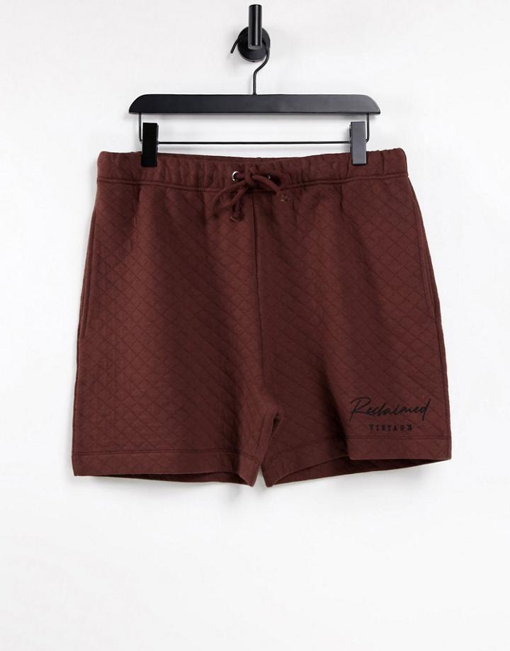 Reclaimed Vintage Inspired Unisex Relaxed Shorts With Contrast Embroidery In Brown Quilting