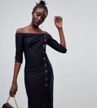 River Island Off The Shoulder Pencil Dress With Button Detail In Pinstripe - Navy