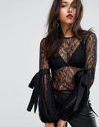 Miss Selfridge All Over Lace Fluted Sleeve Blouse - Black