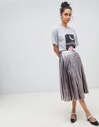 Neon Rose Pleated Midi Skirt In Metallic Faux Leather - Black