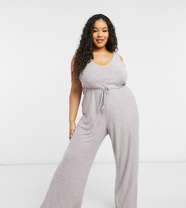 Asos Design Curve Mix & Match Lounge Super Soft Rib Jumpsuit With Waist Tie In Mauve-brown