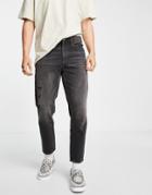 Asos Design Cotton Blend Classic Rigid Jeans In Washed Black With Abrasions - Black