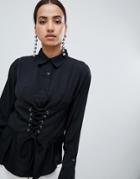 Ax Paris Long Sleeve Shirt With Corset Detail - Black