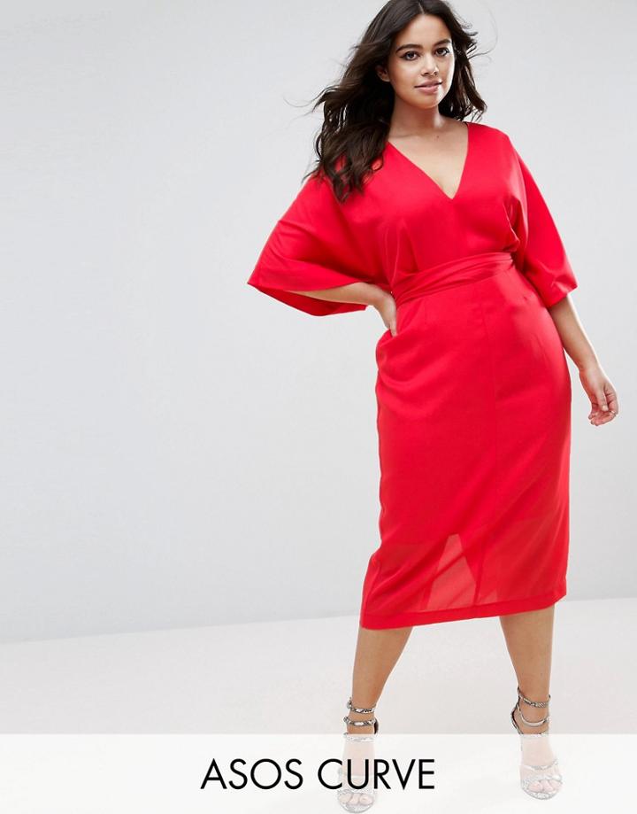 Asos Curve Kimono Plunge Midi Dress - Red
