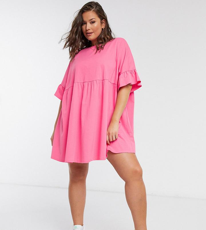 Asos Design Curve Super Oversized Ruffle-sleeve Smock Dress In Bright Pink