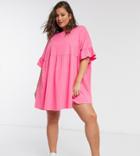 Asos Design Curve Super Oversized Ruffle-sleeve Smock Dress In Bright Pink
