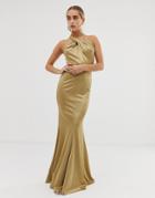 Asos Design Halter Neck Maxi Dress With Fishtail Skirt - Gold