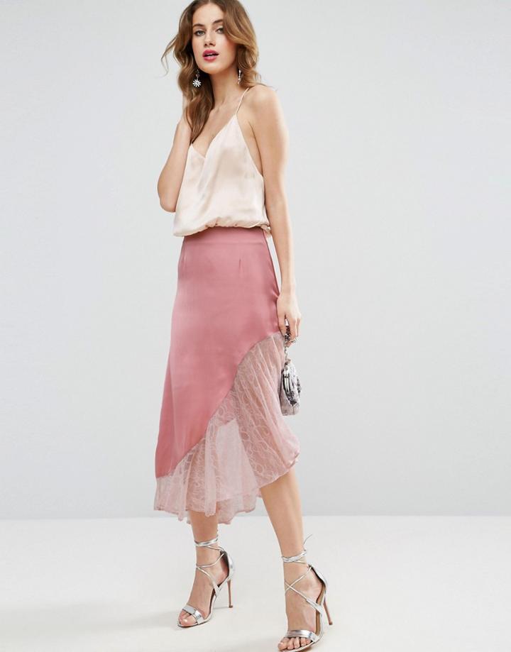 Asos Satin Midi Skirt With Lace Hem - Pink