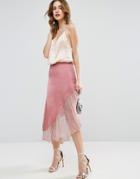 Asos Satin Midi Skirt With Lace Hem - Pink