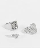 Asos Design 3 Pack Signet Ring Set In Silver Tone With Jewel Star