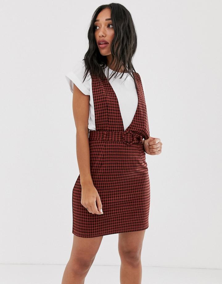 Noisy May Checked Pinny Mini Dress With Self Belt - Orange