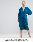 Asos Curve Kimono Twist Front Midi Dress - Blue