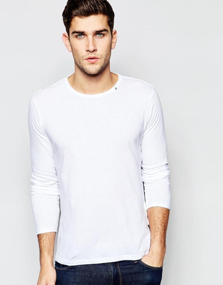 Replay Long Sleeve Top Crew Neck Raw Edge In White - Optical White