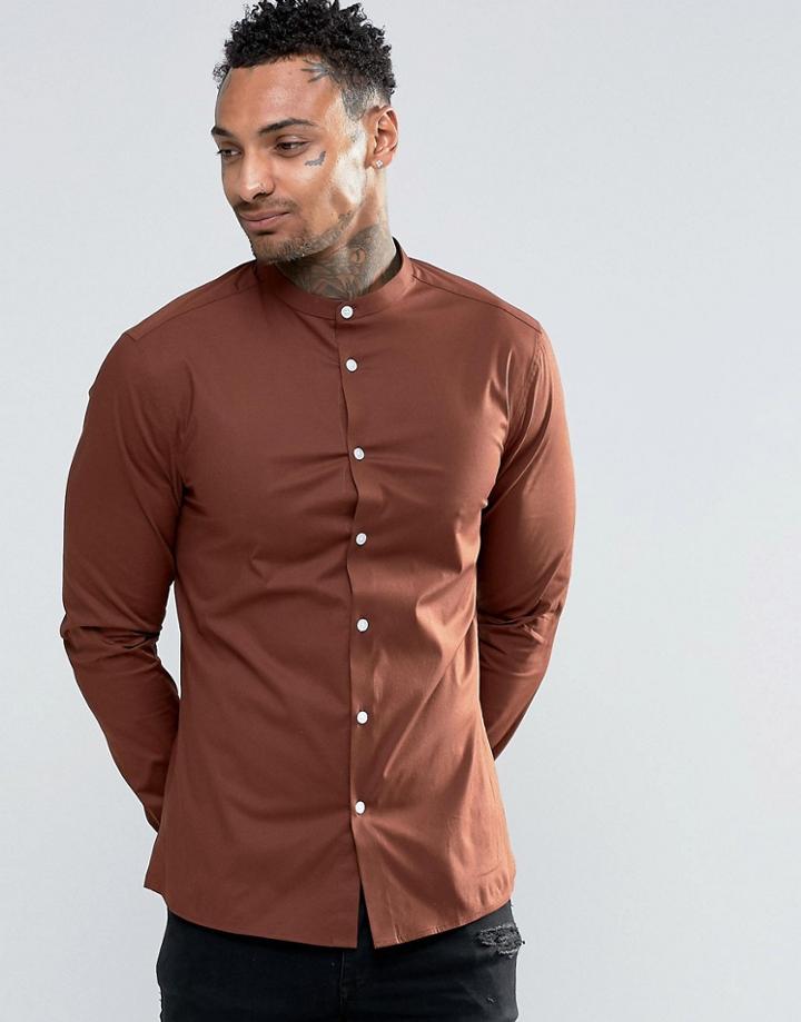 Asos Skinny Shirt In Rust With Grandad Collar - Tan