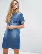 J.d.y Button Front Collarless Denim Dress With Washed Pockets - Blue