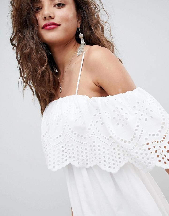 Asos Design Premium Double Layer Off Shoulder Mini Dress In Broderie - White