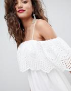 Asos Design Premium Double Layer Off Shoulder Mini Dress In Broderie - White