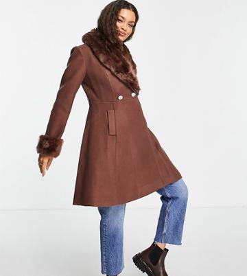 Ever New Petite Faux Fur Collar Coat In Chocolate Brown