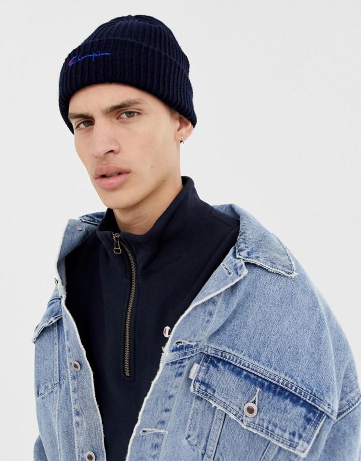 Champion Beanie With Large Script Logo In Navy - Navy