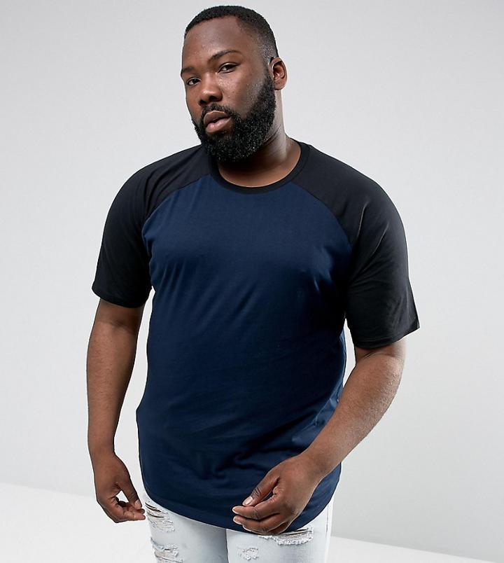 Asos Plus Longline T-shirt With Contrast Raglan - Navy