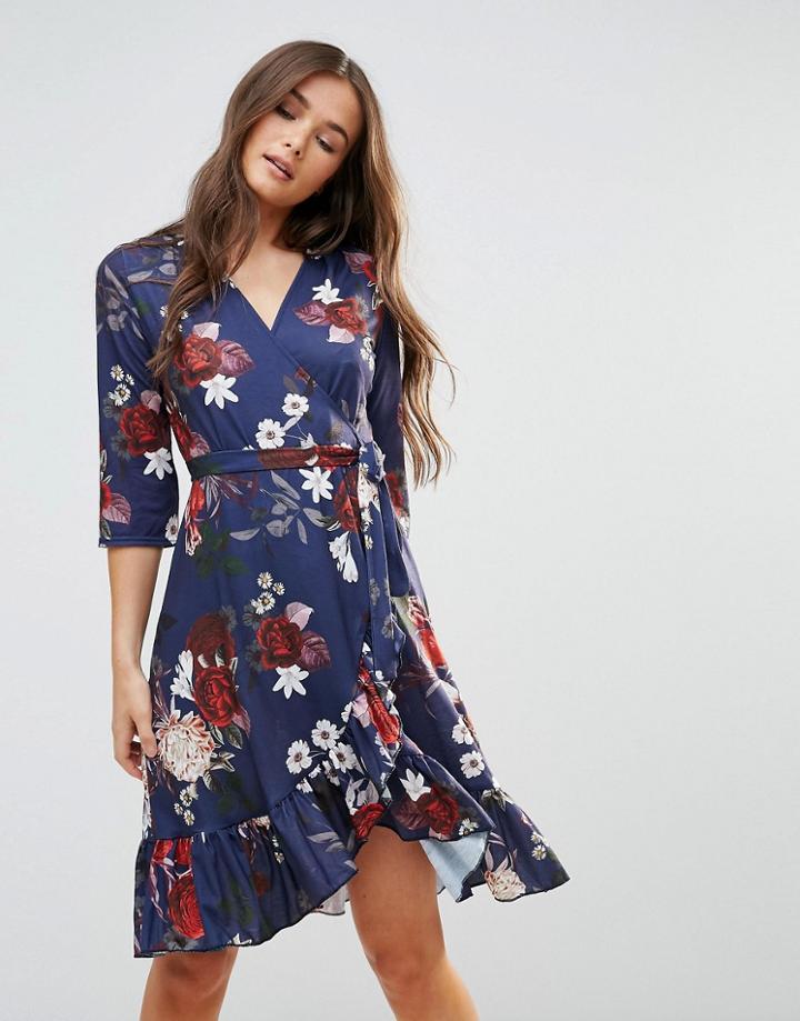 Qed London Wrap Midi Dress With Ruffle - Navy