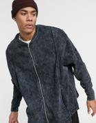 Asos Design Oversized Jersey Bomber Jacket With Panels And Stepped Hem In Acid Washed Black