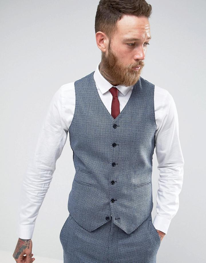 Asos Wedding Slim Vest In 100% Wool Blue Houndstooth - Blue