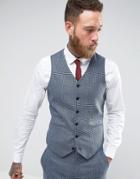 Asos Wedding Slim Vest In 100% Wool Blue Houndstooth - Blue