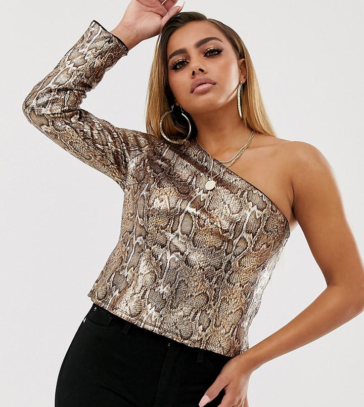 Asos Design Petite One Shoulder Top In Snakeskin Printed Sequin-multi