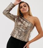 Asos Design Petite One Shoulder Top In Snakeskin Printed Sequin-multi