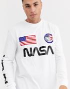 Asos Design Nasa Relaxed Long Sleeve T-shirt With Front And Sleeve Print-white