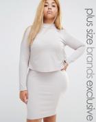 Club L Lounge Plus Long Sleeve Double Layer Dress With Split Back - Beige