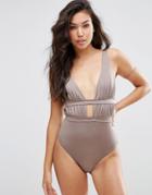 Asos Gathered Deep Plunge Swimsuit - Stardust Mink