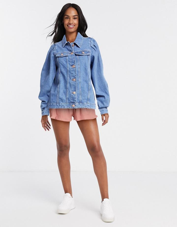 Pieces Denim Jacket With Puff Sleeves In Blue-blues