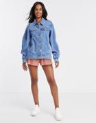 Pieces Denim Jacket With Puff Sleeves In Blue-blues