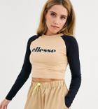 Ellesse Crop Long Sleeve T-shirt With Contrast Sleeves And Neon Front Logo-beige